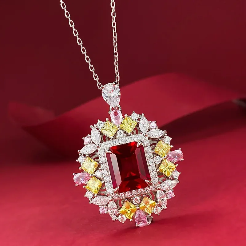 Luxury Flower Ruby Diamond Pendant 100% Real 925 Sterling Silver Wedding Pendants Necklace For Women Chocker Jewelry