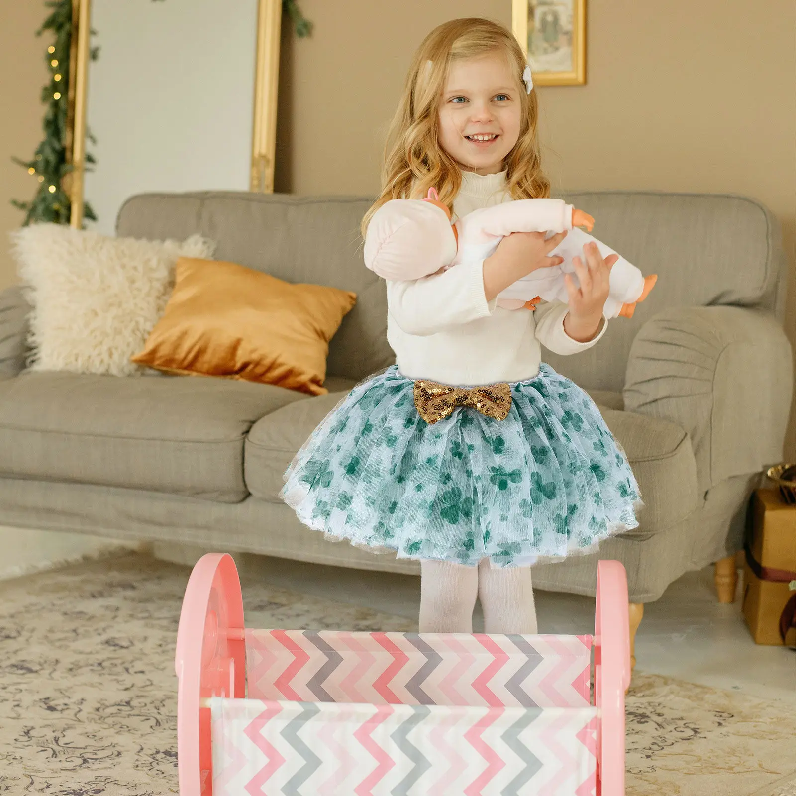 1Pcs Ireland Theme Green Tutu Skirt Kids Day Costume Dress Clover Leaf Print Gauze Tutu Skirt for Toddlers