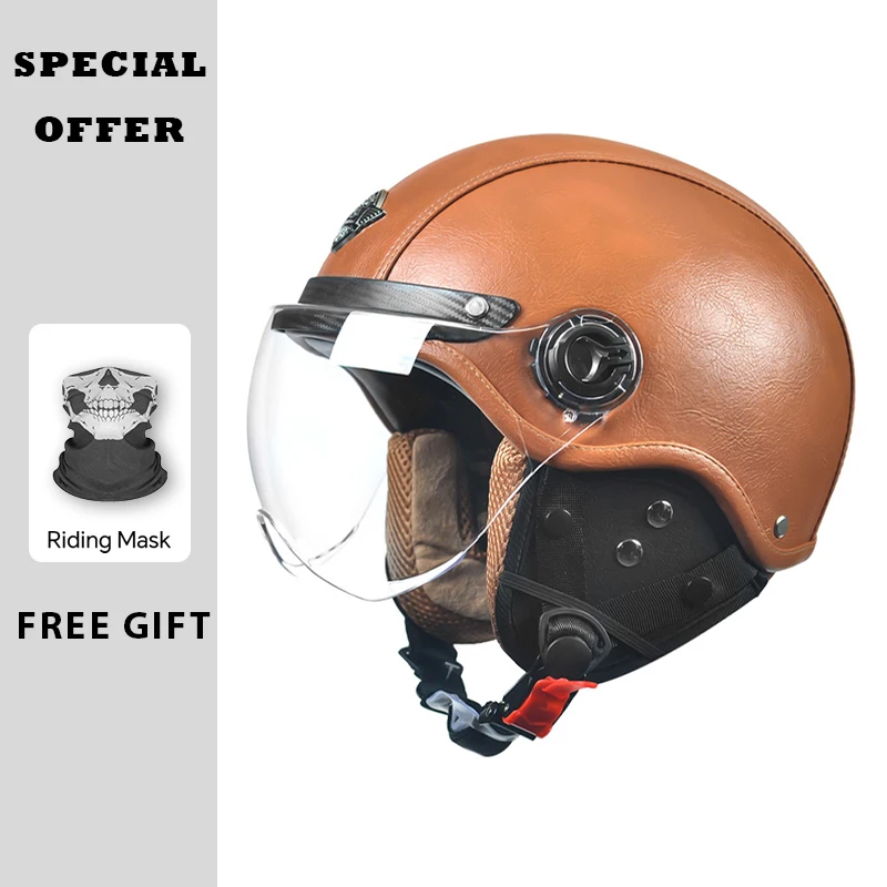 AD ريترو دراجة نارية نصف خوذة رجل إمرأة خمر HD العدسات الجلود موتو الخوذ دراجة نارية قبعة السلامة للجنسين أربعة مواسم DOT #4