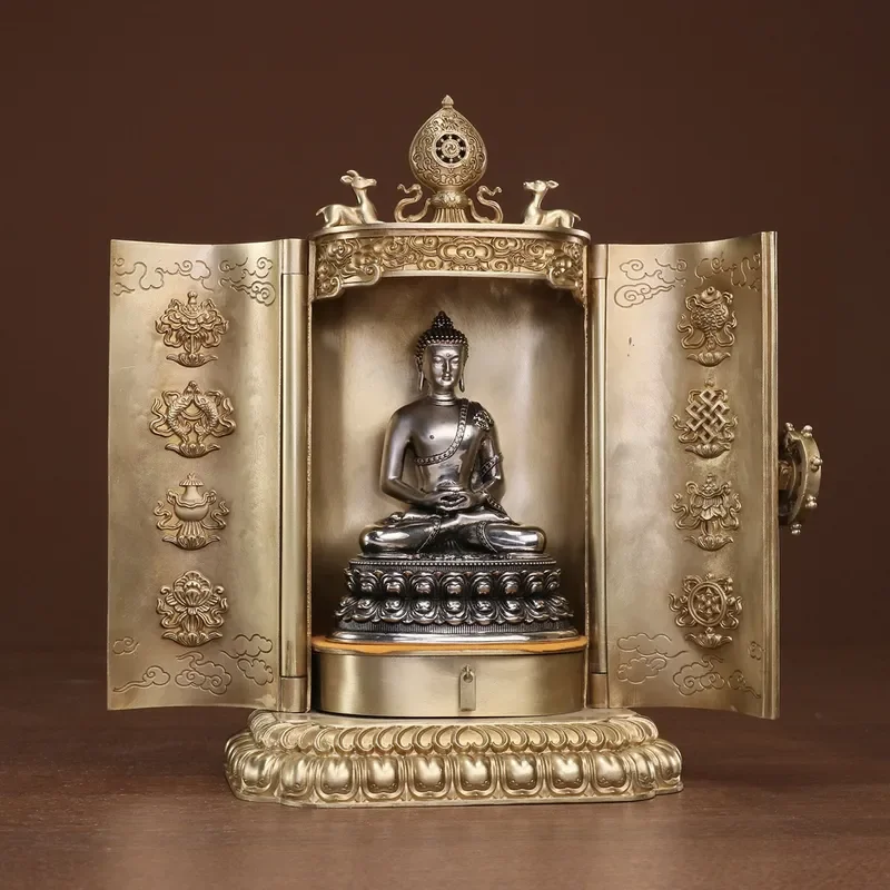 Antique Brass Mini Buddha Statue Portable Casket Holder for 8-10cm Figurines Vintage Style Desktop Ornament Religious Gift