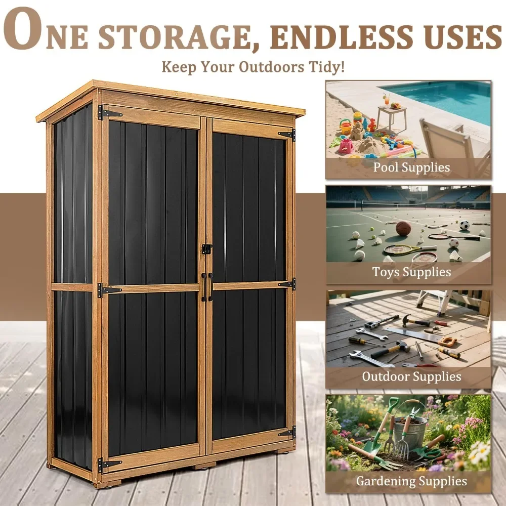 

46" L Large Outdoor Storage Cabinet with Shelves, Wood & Metal Storage Shed Weather-Resistant, Outside Storage Cabinet