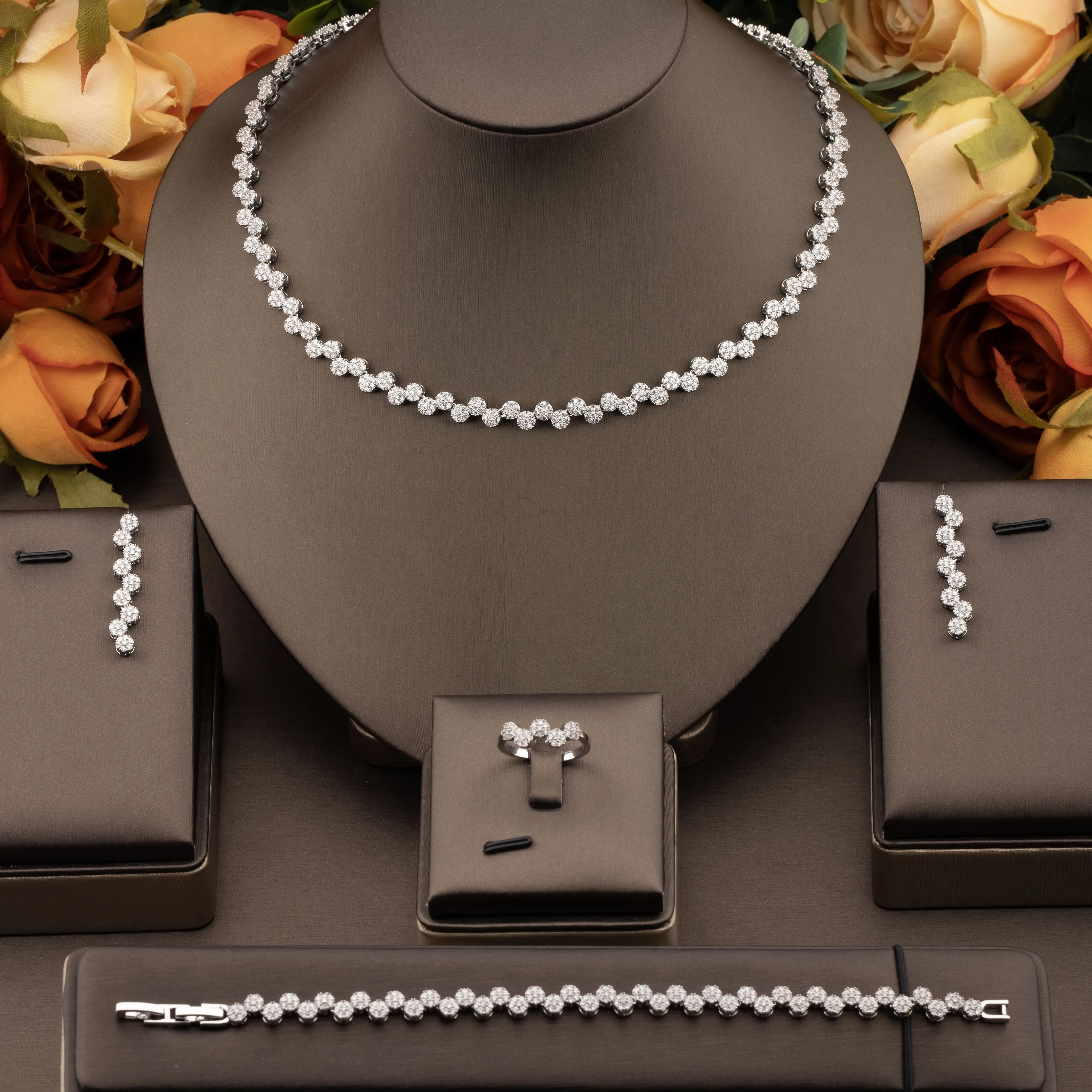 1 set of luxurious and elegant jewelry set with sparkling cubic zirconia small round beads, suitable for women to wear at daily banquets. Gift box not included