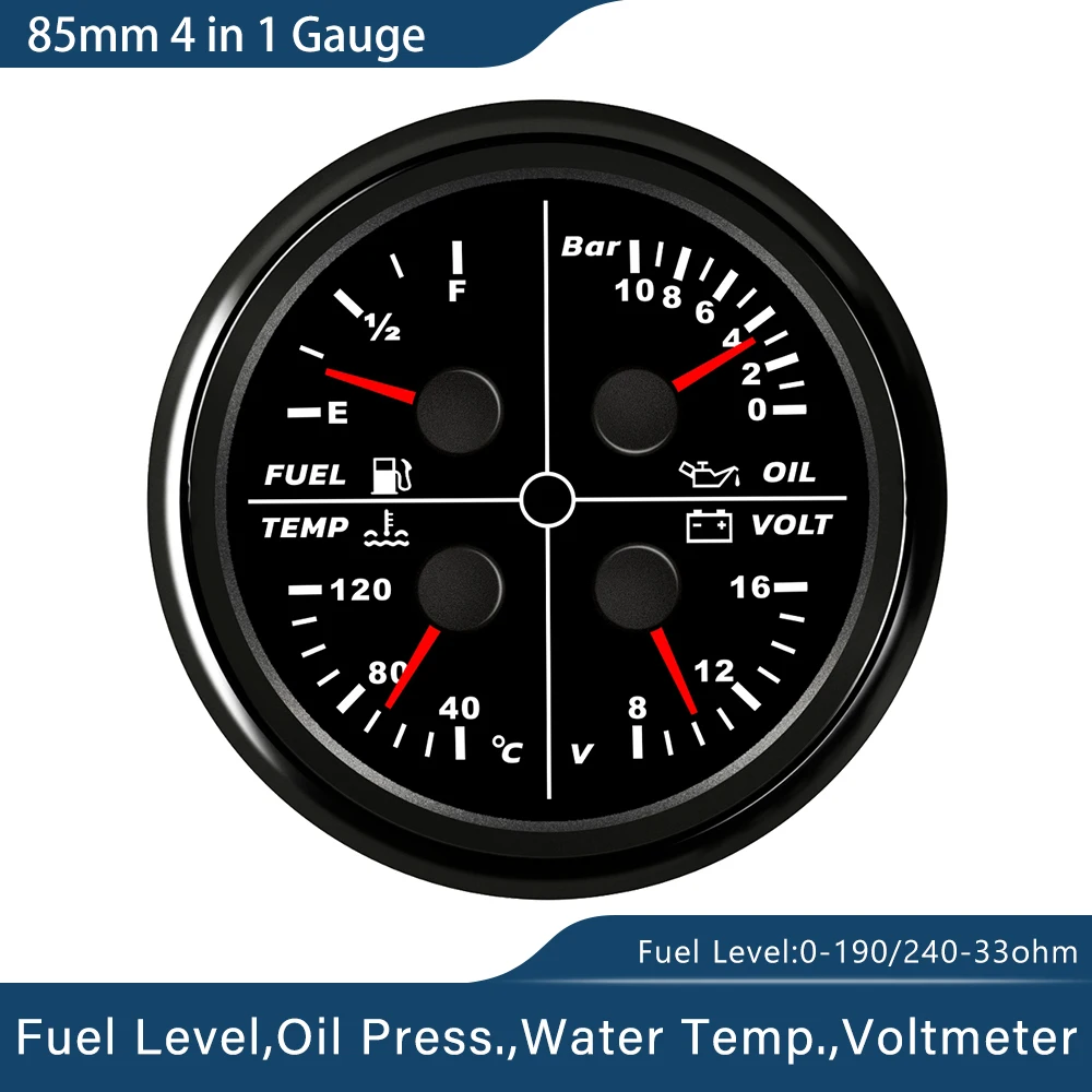 New 4 in 1 85mm Universal Multi-function Meter Oil Pressure Oil Level   Water Temp  Voltmeter with Red Backlight for Car Boat