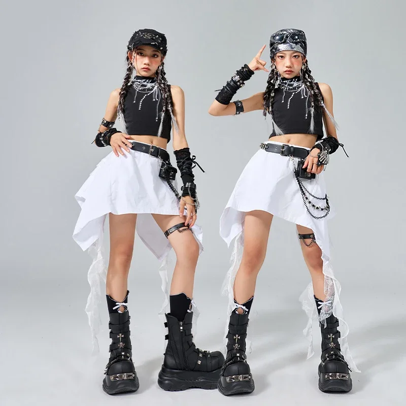 Ropa de baile de porristas para niñas, trajes de baile de Jazz a la moda para niños, Tops negros, falda blanca, ropa de calle sin mangas, traje de verano BL16736