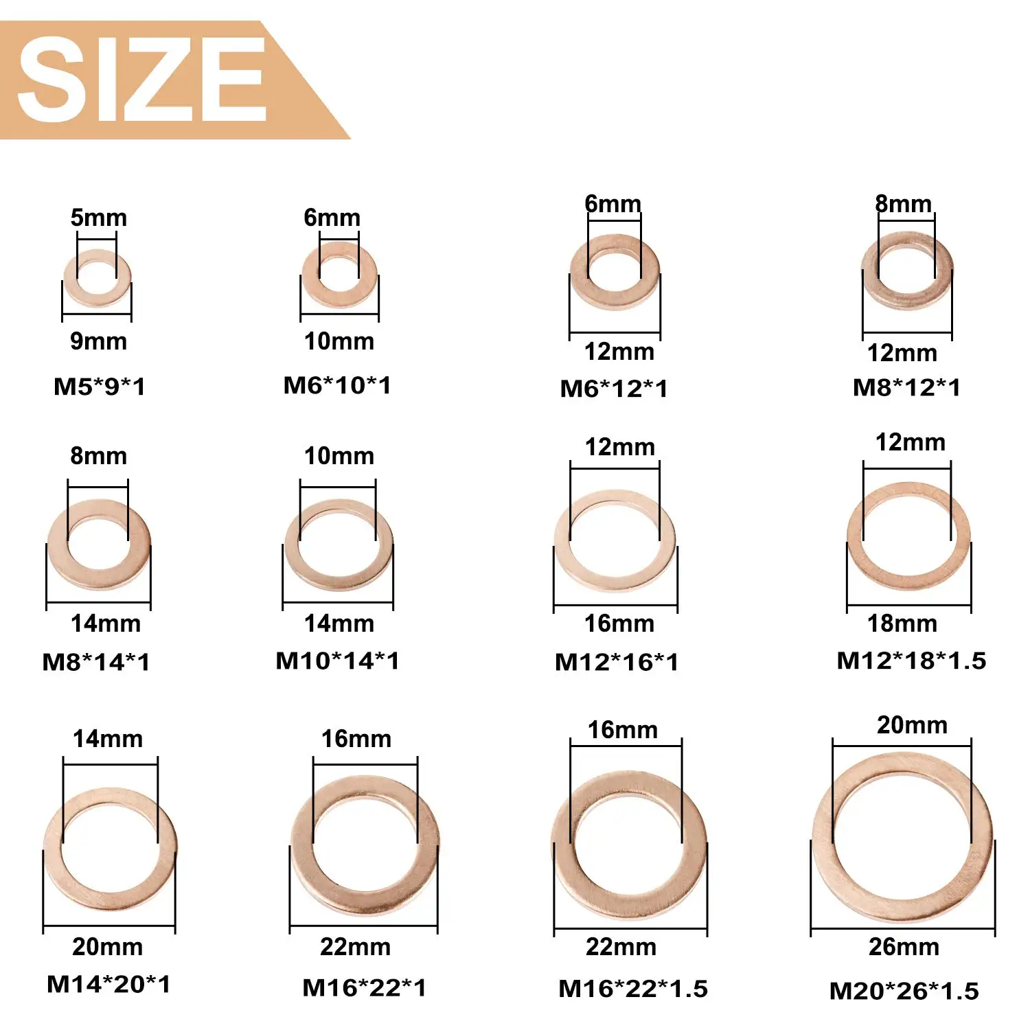 300Pcs 12 Size Metric Flat Ring Copper Sealing Washers Assortment Set for Plumbing and Automotive Sealing