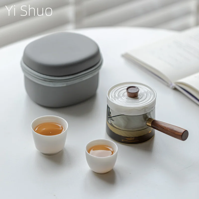 

White Porcelain Travel Tea Set Side Handle Teapot Anti-Scald Glass Pot Ceramic Strainer Tea Cup White Porcelain Kung Fu Tea Set