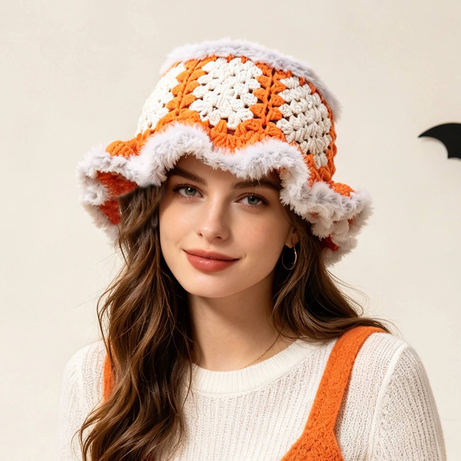 Ladies' Granny Square Faux Fur Trim Knitted Hat Winter Vintage Hand Crocheted Color Blocked Hollowed Out Ruffle Frill Bucket Cap