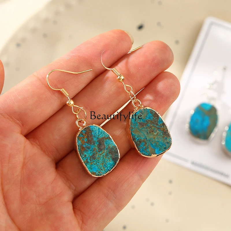 Natural ocean stone earrings, gold-plated irregular denier earrings, water drop accessories.