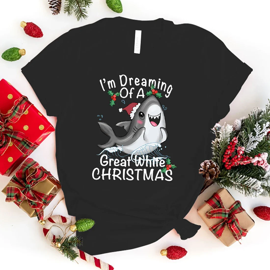 I'M 멋진 화이트 크리스마스 상어 프린트 티셔츠, 소녀 티셔츠, 부드러운 프린트 상의, 유니섹스 티 의류, 캐주얼 상의
