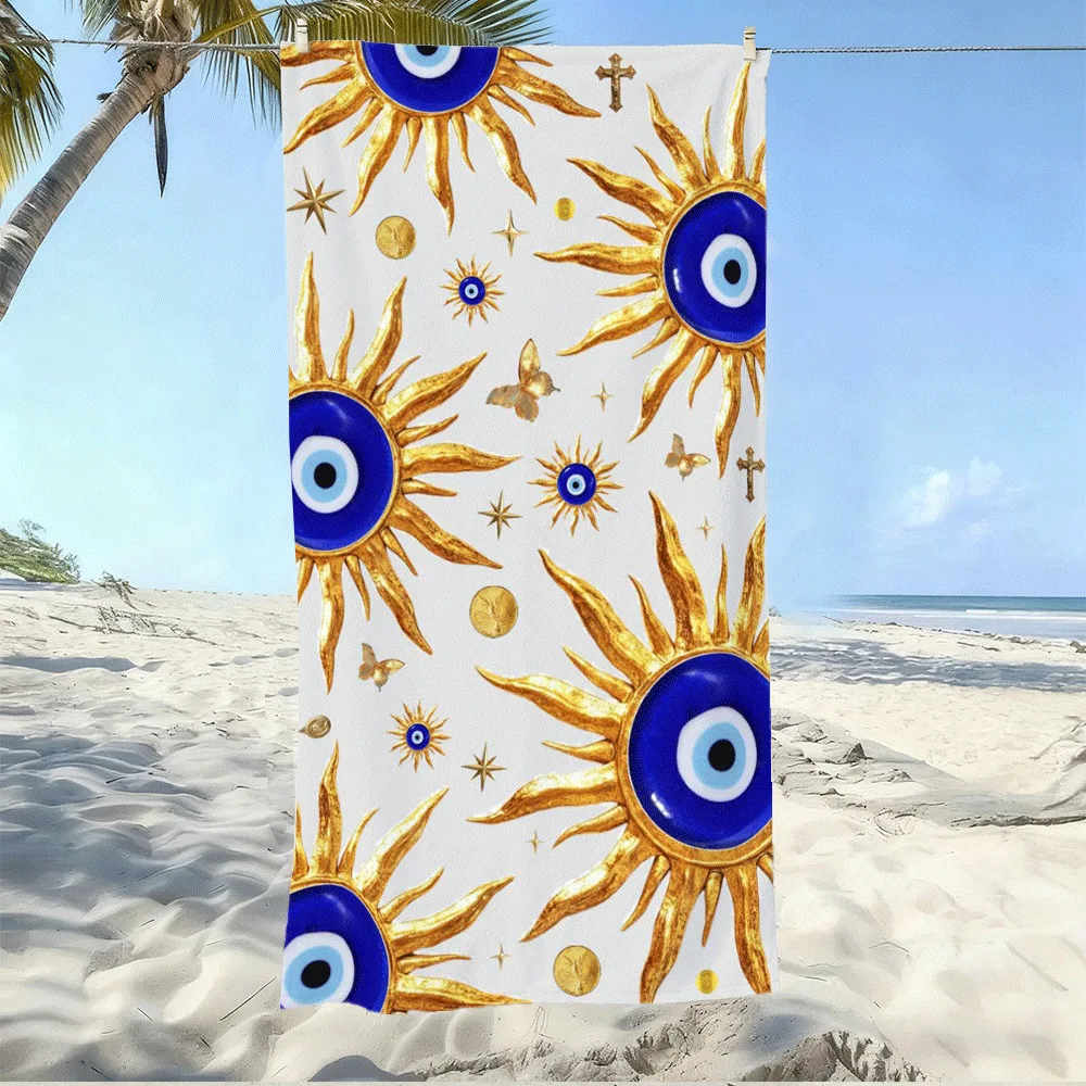 High-definition Digitally Printed Beach Towel with Blue-eyed Golden Glow Mystical Symbol Pattern. Perfect for the Beach Poolside