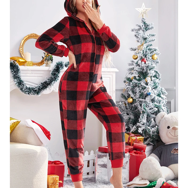 2022 Fashion Women\'s Christmas Hooded Jumpsuit  Long Sleeve Zip Up V Neck Cartoon Print Fashion Pajamas Jumpsuits Rompers