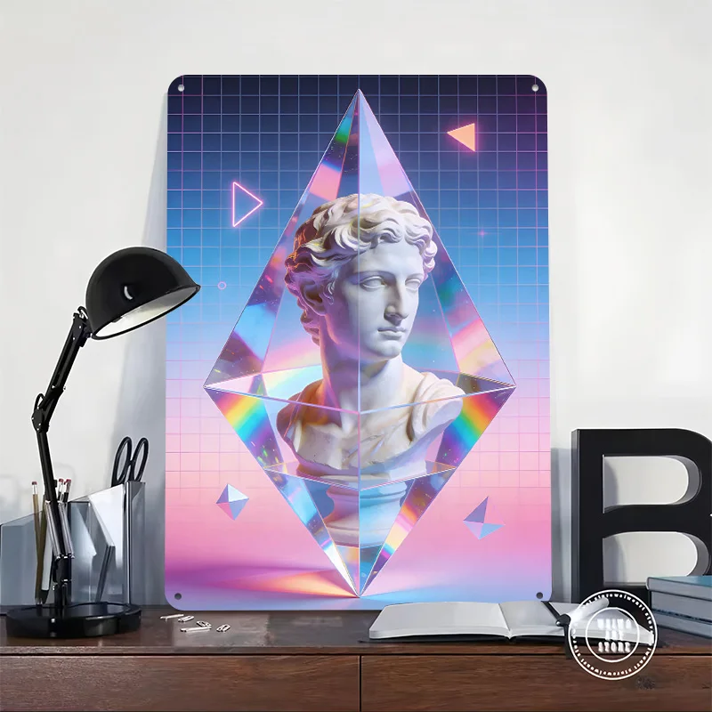 Vaporwave Bust in Crystal Prism Metal Poster Custom Wall Art Retro Vintage Tinplate Signs for Man Cave Bedroom Decoration Gaming