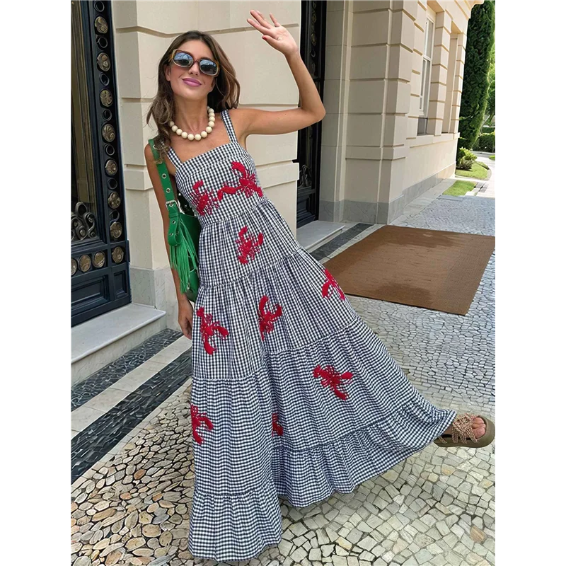 【SEE】Women Embroidered Maxi Dress Sleeveless Smocked Flowy Sundress Boho Summer Long Dresses Beach Vocation
