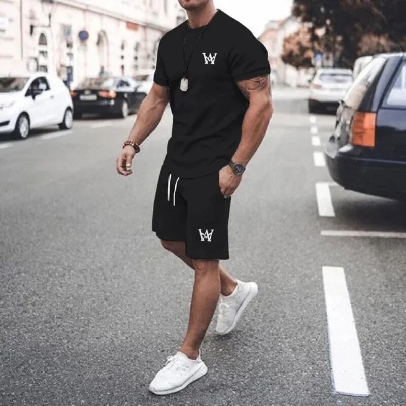 2025 Latest Men's W-shaped Printed Casual T-shirt Set Round Neck Short sleeved Top Home Clothes Summer Breathable Male Top