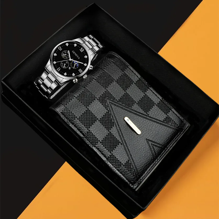 

2Pcs Men's Gentleman Elegant Fashion Business Stainless Steel Watch Set, Wallet+Watch [Gift Box]