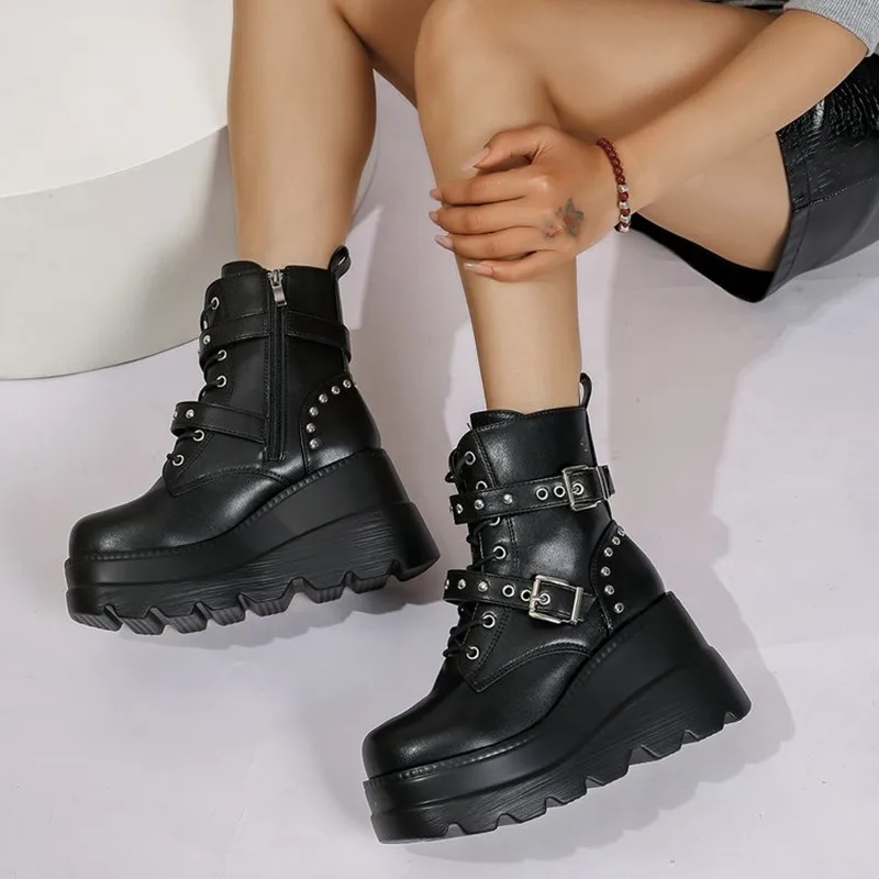 Women Leather Ankle Booties Woman 2026 New Autumn Winter Round Toe Lace Up Shoes Woman Motorcycle Platform Gothic Boots Cosplay view 4