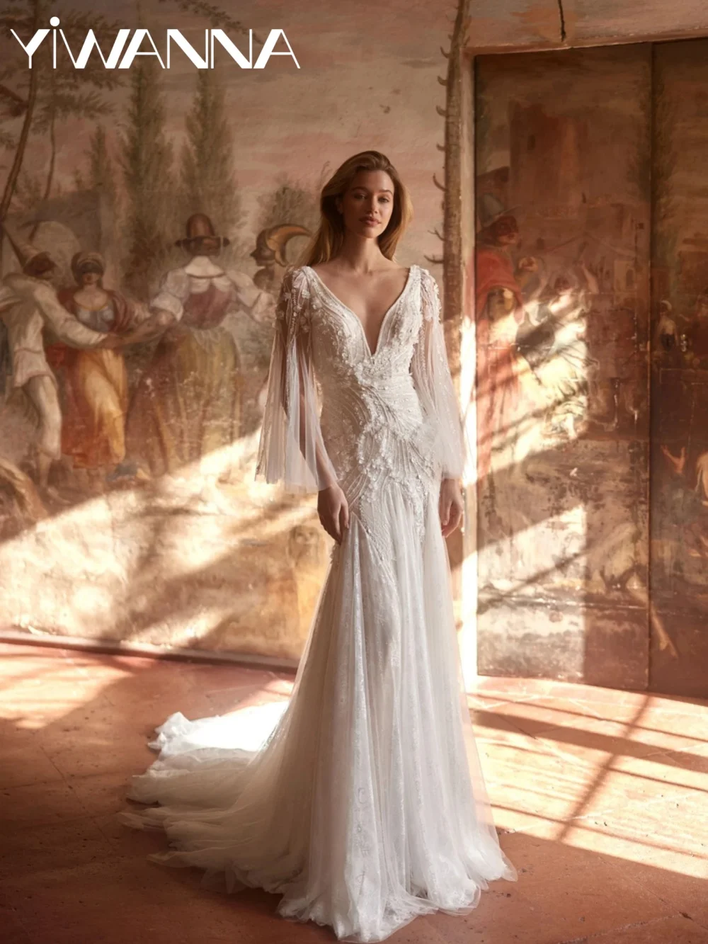 

New Ivory Beaded 3D Floral Wedding Dress Graceful Deep Vneck Mermaid Bridal Gown Customized Floor-length Dresses For Bride
