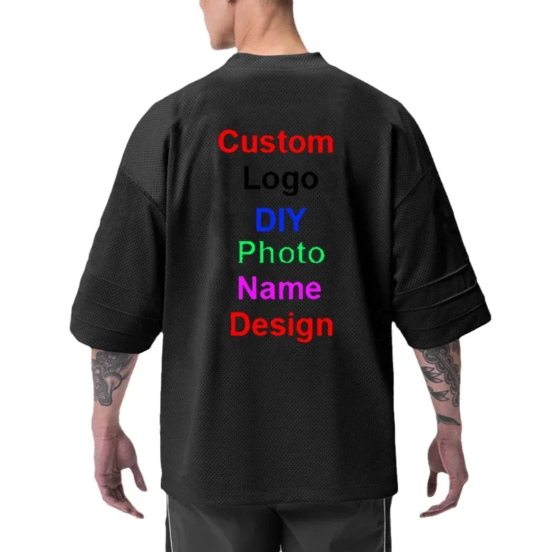

DIY Brand Customized Logo Oversized V Neck Half Sleeve T Shirts Mens Mesh Gym Clothing Dropped Shoulders T-shirt Fitness Shirt