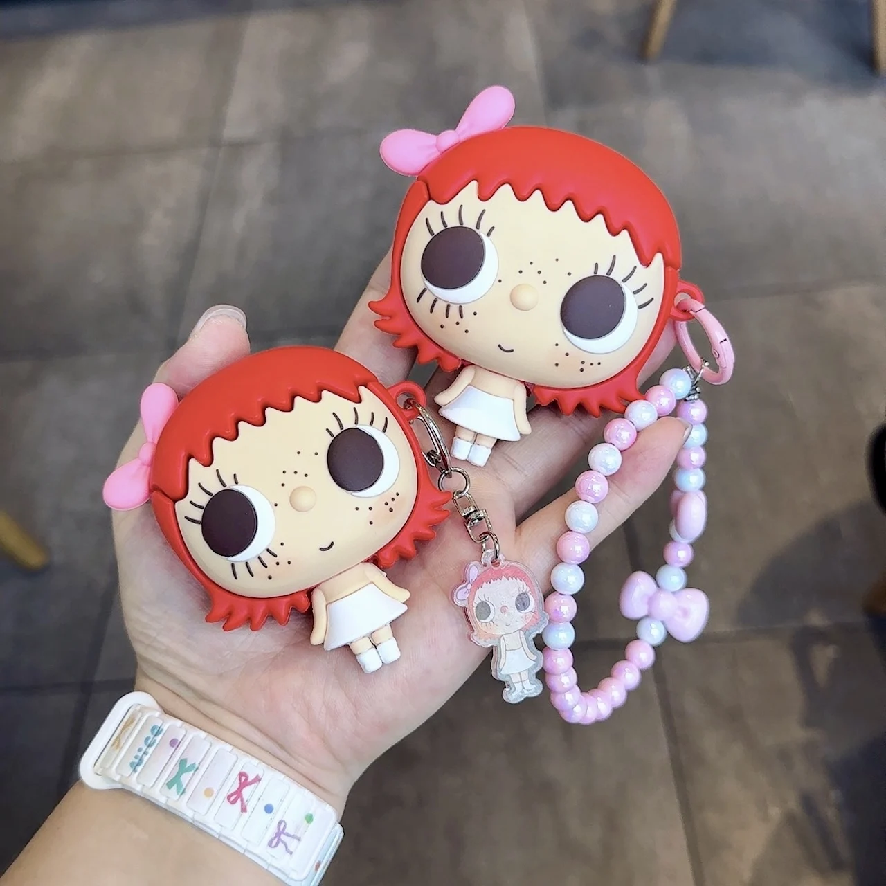 3D Silicone Earbud Shell Anti Drop Shockproof For Big Eyes Girl Beaded Heart Chain Lovely Gift For Airpods 4 Pro/Pro 2 Pro 3
