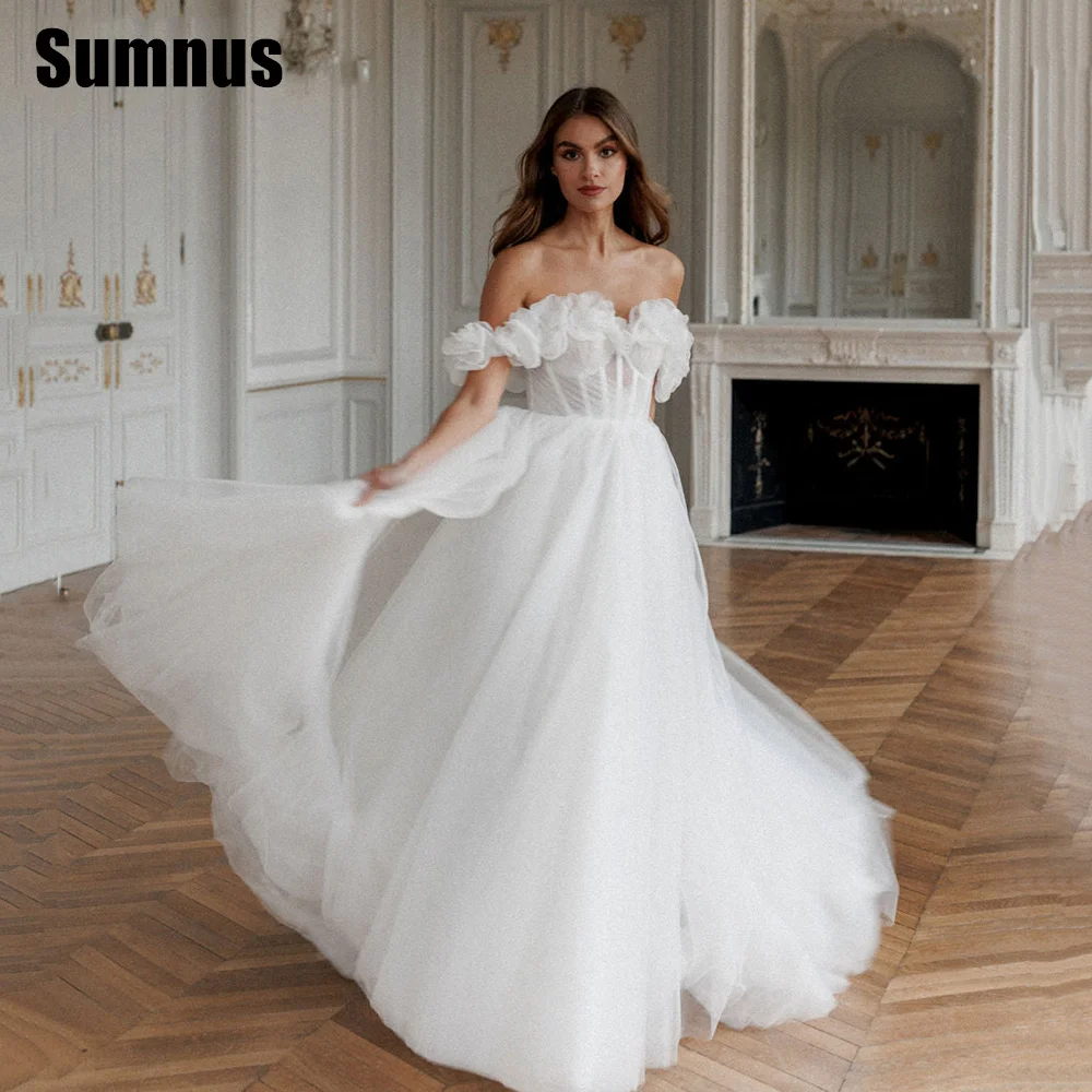 

Sumnus Princess 3D Flower A-line Wedding Dress فساتين السهرة Side Split Vestidos De Noche Off The Shoulder Prom Dresses