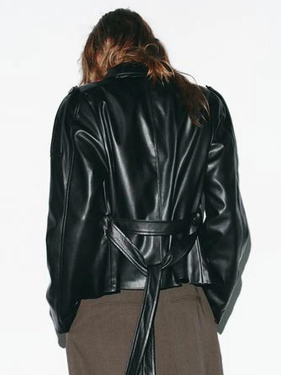 Ele ort Mantel Jaet Damen Schlankheits-Kunstleder Lange Sve Gürtel Oberbekleidung Faionable Herbst Polyesterfaser