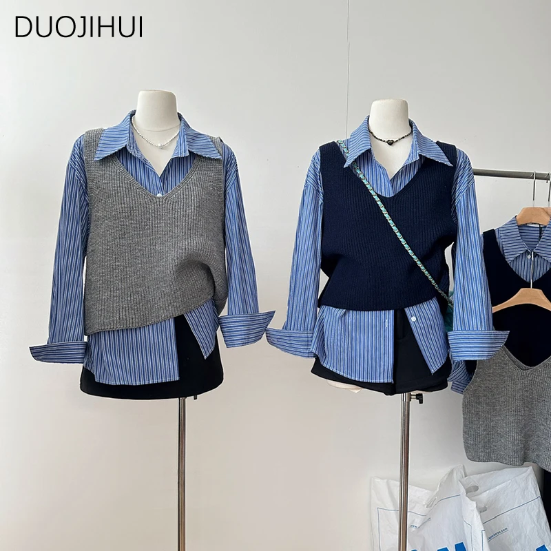 DUOJIHUI New Two Piece Preppy Style Classic camicie da donna a righe primavera Basic Casual Knitting Vest Fashion Buttons camicie da donna