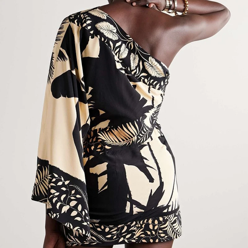 Retro Summer Women Oblique Shoulder Printed Mini Dress Popular European and American Sexy Slim Fit Fashion Printed Dress Women