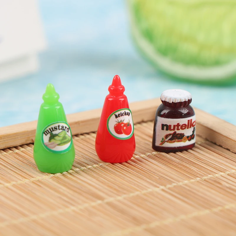 3Pcs Dollhouse Miniature Simulation Ketchup Fruit Sauce Mustard Kitchen Seasoning Bottle Model For Doll House Decor Toys