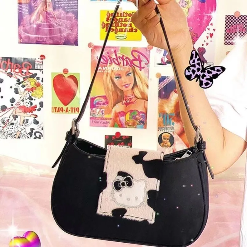 

MBTI Y2k Hello Kitty Womens Shoulder Bag Vintage Black Nylon Harajuku Style Handbag Casual 2024 New Fashion Female Armpit Bag