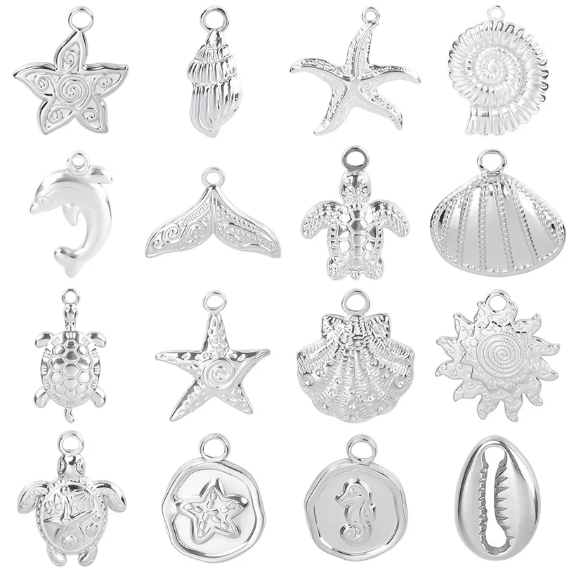 10pcs 3D Sea Ocean Animals Tail Turtle Stainless Steel Charms Jewelry Making Bracelet Necklace Conch Starfish Shell DIY Pendants