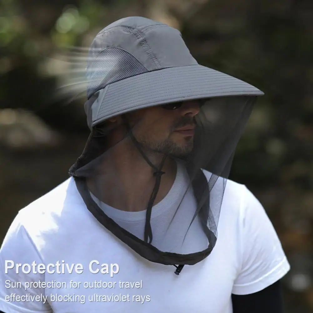 Sun Hat Full mesh Mosquito Head Net with Drawstring Windproof Strap for Beekeeping Gardening Fishing Men's for Bee