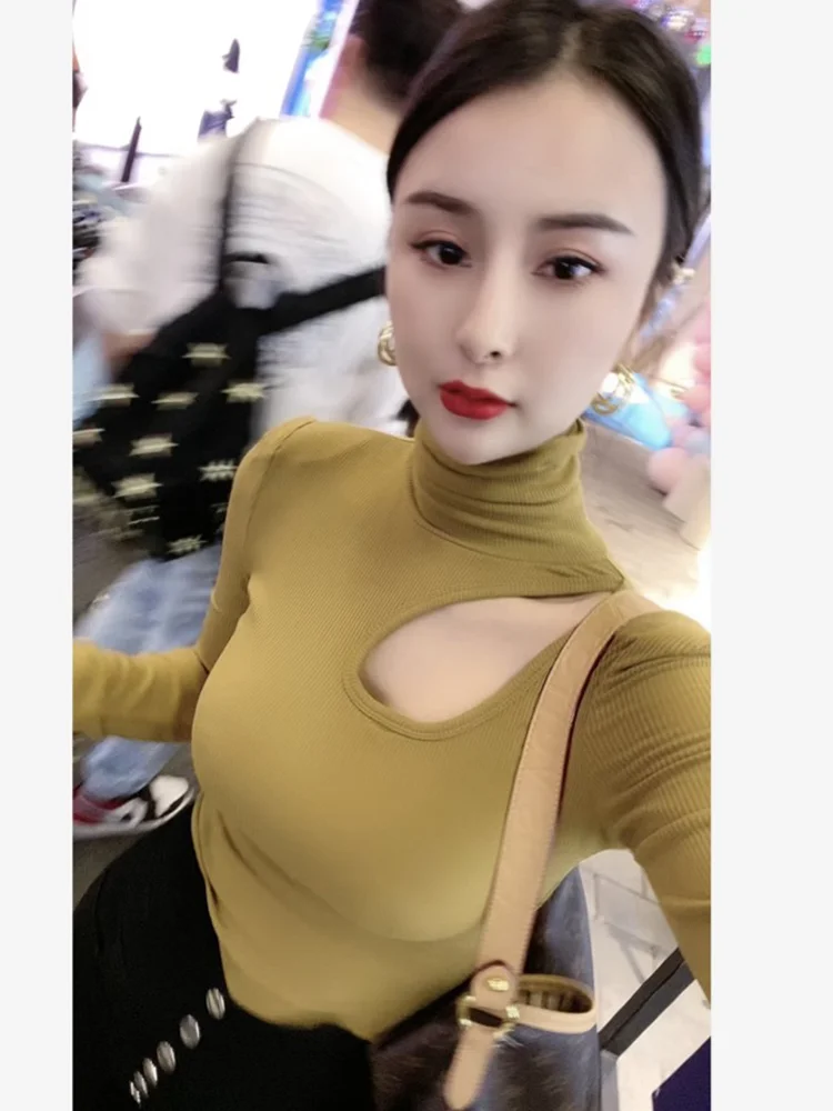 Sexy Slim Fit High Collar Hollow out Pure Color Fleece Lined Base Shirt Korean Style Commute Wind Early Autumn Trendy Top