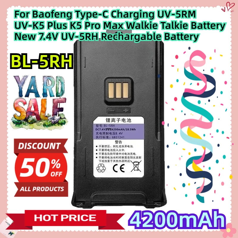 

For Baofeng Type-C Charging UV-5RM UV-K5 Plus K5 Pro Max Walkie Talkie Battery New 7.4V 4200mAh UV-5RH Rechargable Battery
