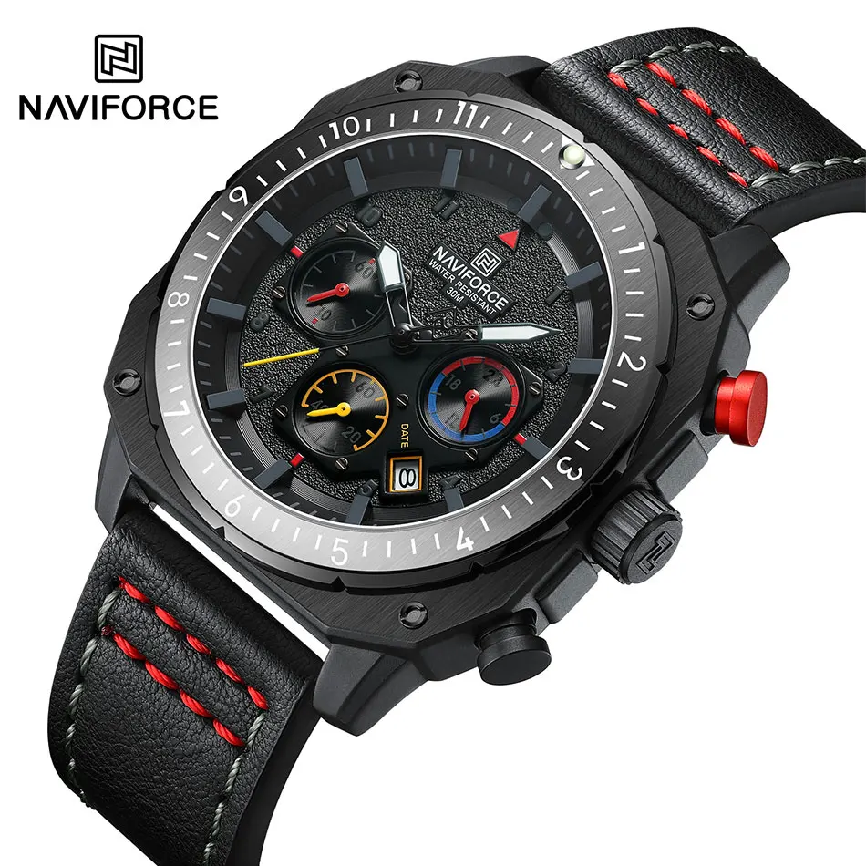 NAVIFORCE Men Quartz Watches Alloy Dial Business Men Watch PU Leather Strap Big Dial Sports Watch Cool Blue Wristwatch for Man