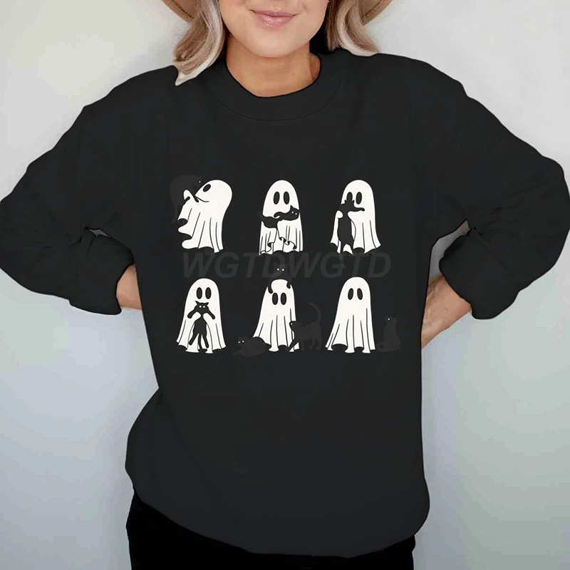 Sweat-shirt d'halloween pour femmes, drôle, chats fantôme, hiver, automne, décontracté, col rond, manches longues, pulls