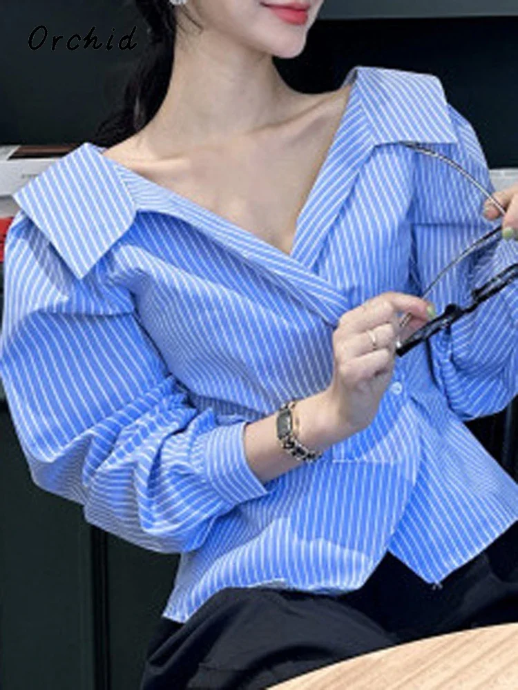 

French Style Elegant Luxury Striped Print V-neck Blouses 2024 Autumn Women Casual Long Sleeve Soft Thin Office Lady Shirts Top