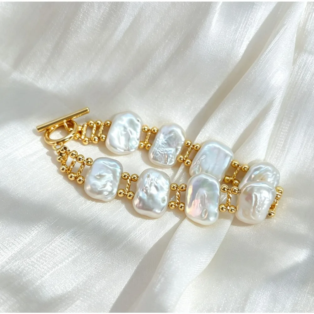 White Natural Rectangle Baroque Pearl Strand Bracelet Niche Irregular Square Pearl Hand Ornaments High-end Fashion Accessories