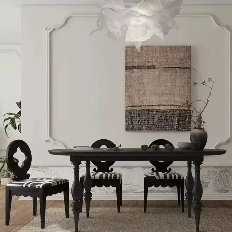 Small household oval dining table medium antique black retro log long table