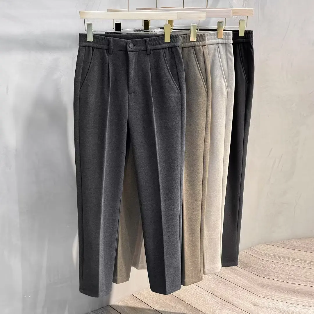Autumn Winter Men's Woolen Suit Pants Formal Business Office Slim Straight Elastic Waist Korean Casual Tapered Brown Trousers