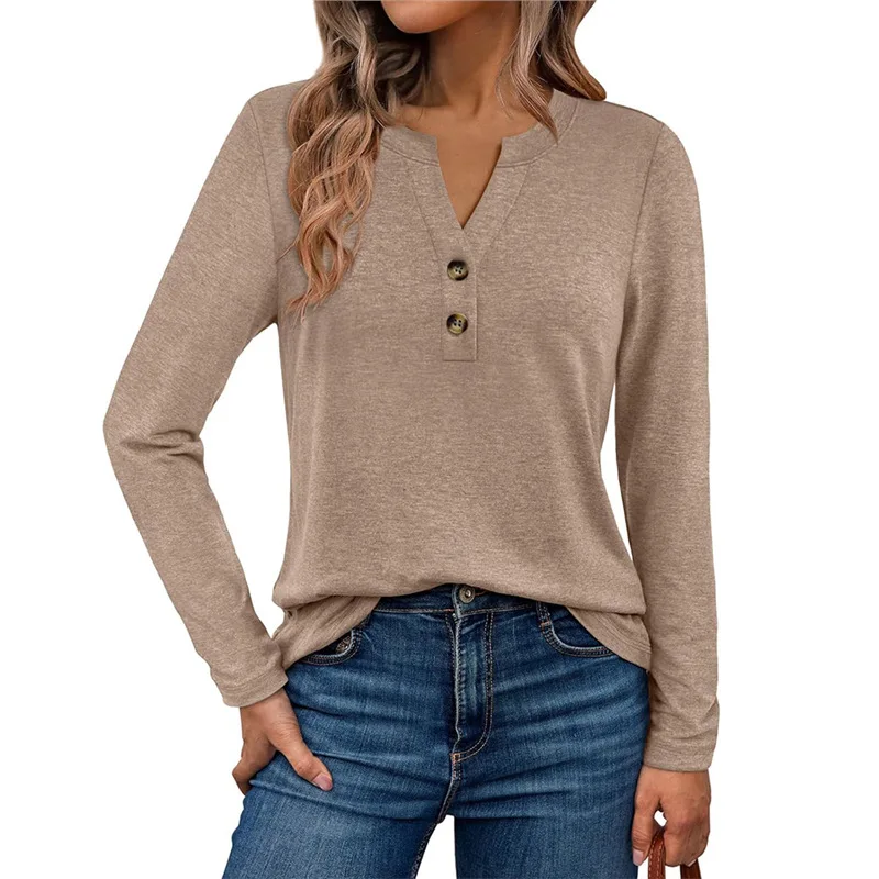 Damska odzież codzienna na wiosnę i jesień 2025: luźna koszulka z długim rękawem, dekoltem w serek, w jednolitym kolorze, idealna do noszenia w domu.