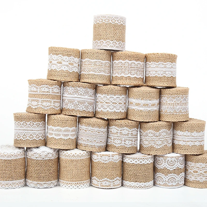 2M 5CM Natural Jute Burlap Rolls Hessian Ribbon with Lace Vintage Rustic wedding Decor Ornament Burlap Party DIY craft Supplies