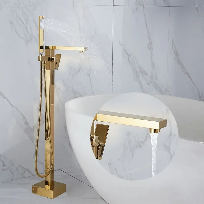 

Gold Bathtub Floor Standing Shower Bathtub Faucet Rose Gold Stand Bathtub Mixer Handshower Head Bath Mixer