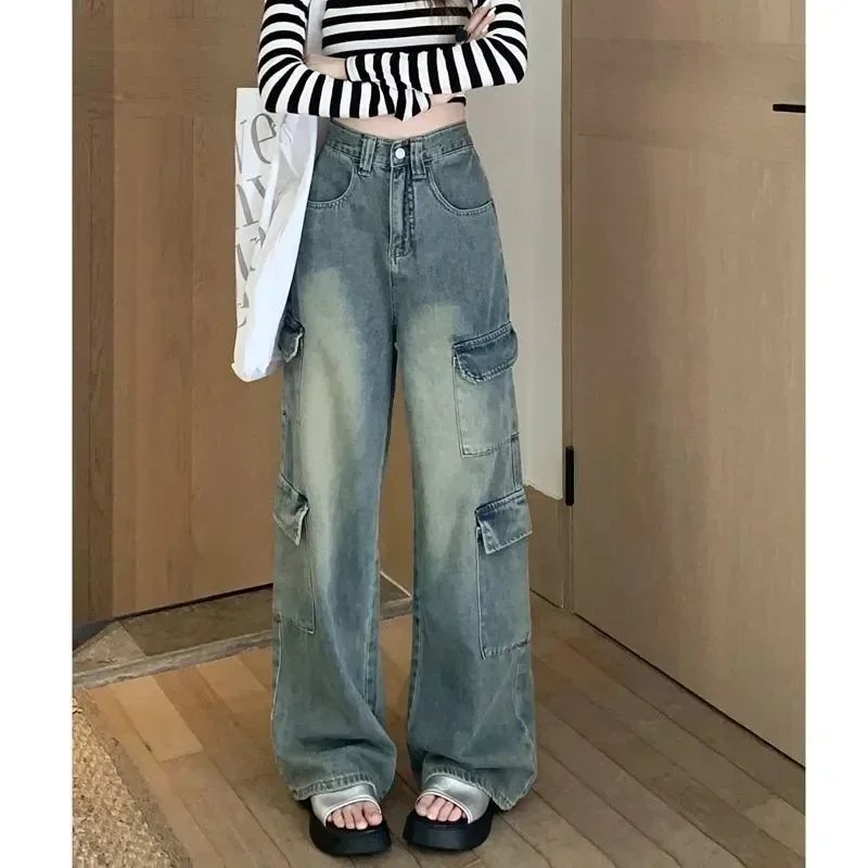 Women Vintage Jeans Wide Leg Pants High Waist Pockets Button Zipper Fly Basics Full Length Streetwear Denim Straight Trousers