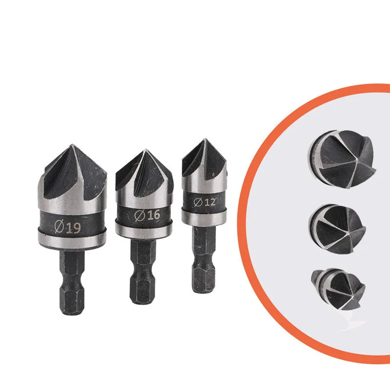3Pcs 1/4 Hex 5ขลุ่ย Countersink Set Mata Bor 90องศา Deburring เครื่องมือใบเลื่อยตัดไม้โลหะ12/16/19มม.