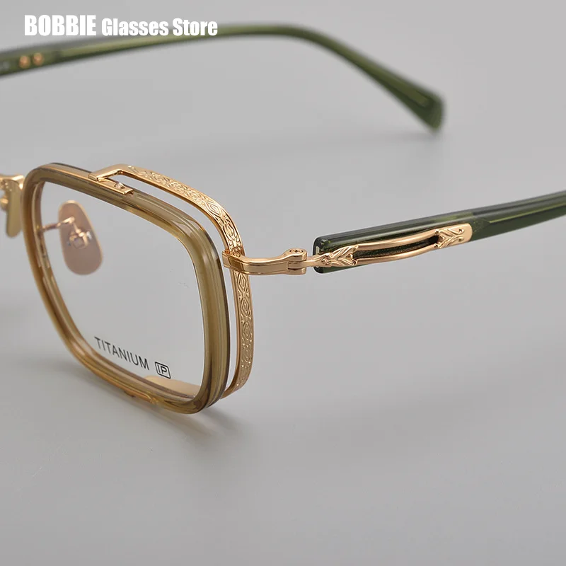 Pure Titanium Acetate Designer Eyeglasses Frame Man Japanese Handmade Carved Retro Double Beam Square Myopia Eyewear Tide 2025