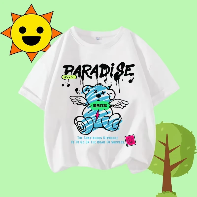 

Новинка 2025, стильная летняя футболка с плюшевым мишкой для мальчиков и девочек, повседневный топ, забавный детский топ с круглым вырезом и короткими рукавами, мультяшный принт