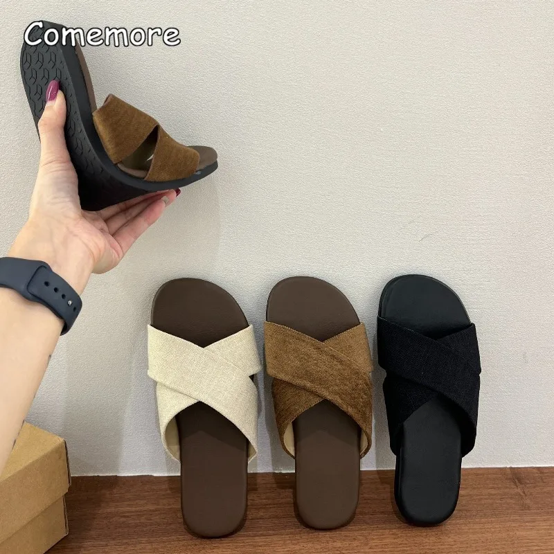 

Льняные тапочки через плечо для женщин, домашние повседневные сандалии в стиле ретро, пляжные сандалии на плоской подошве для отпуска, сандалии без шнуровки De Mujer, размер 35-40