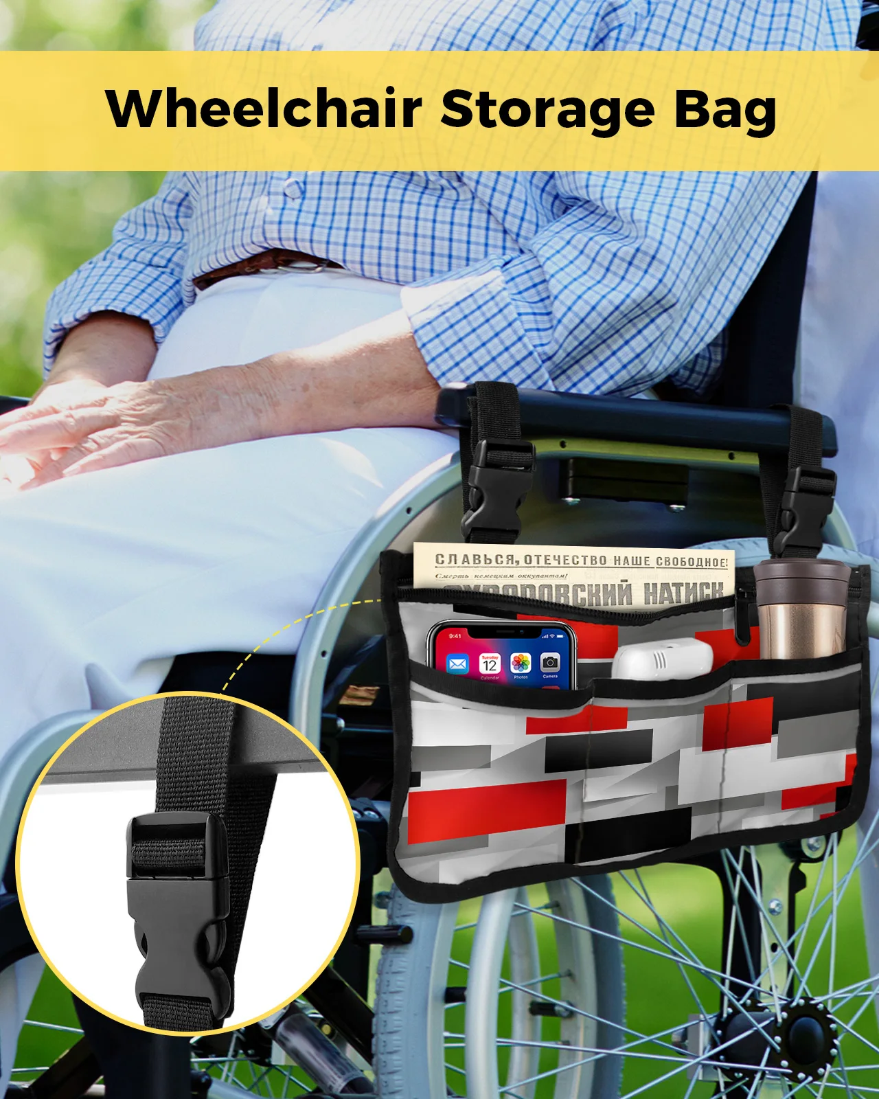 Geometric Red Black Gray Solid Abstract Wheelchair Bag Armrest  Side Bags Electric Scooter Walking Frame Storage Pouch