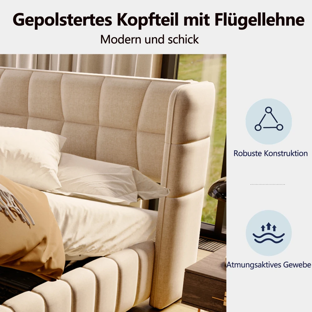 180x200cm gepolstertes Doppelbett mit pneumatischer Stauraum-Lattenrostunterlage und Rückenlehne – Leinenrahmen für Erwachsene und Jugendliche (ohne Matratze) – Detail 7