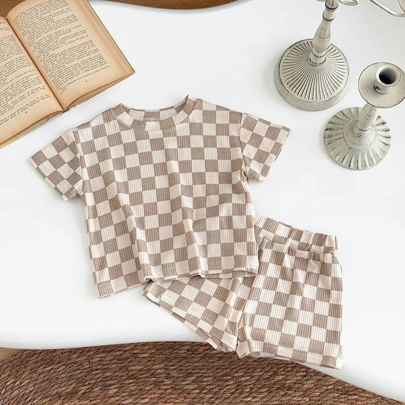 

HoneyCherry New Summer Baby Clothes Set Cute Chessboard Pattern Girls T-shirt +Shorts Toddler Casual Set